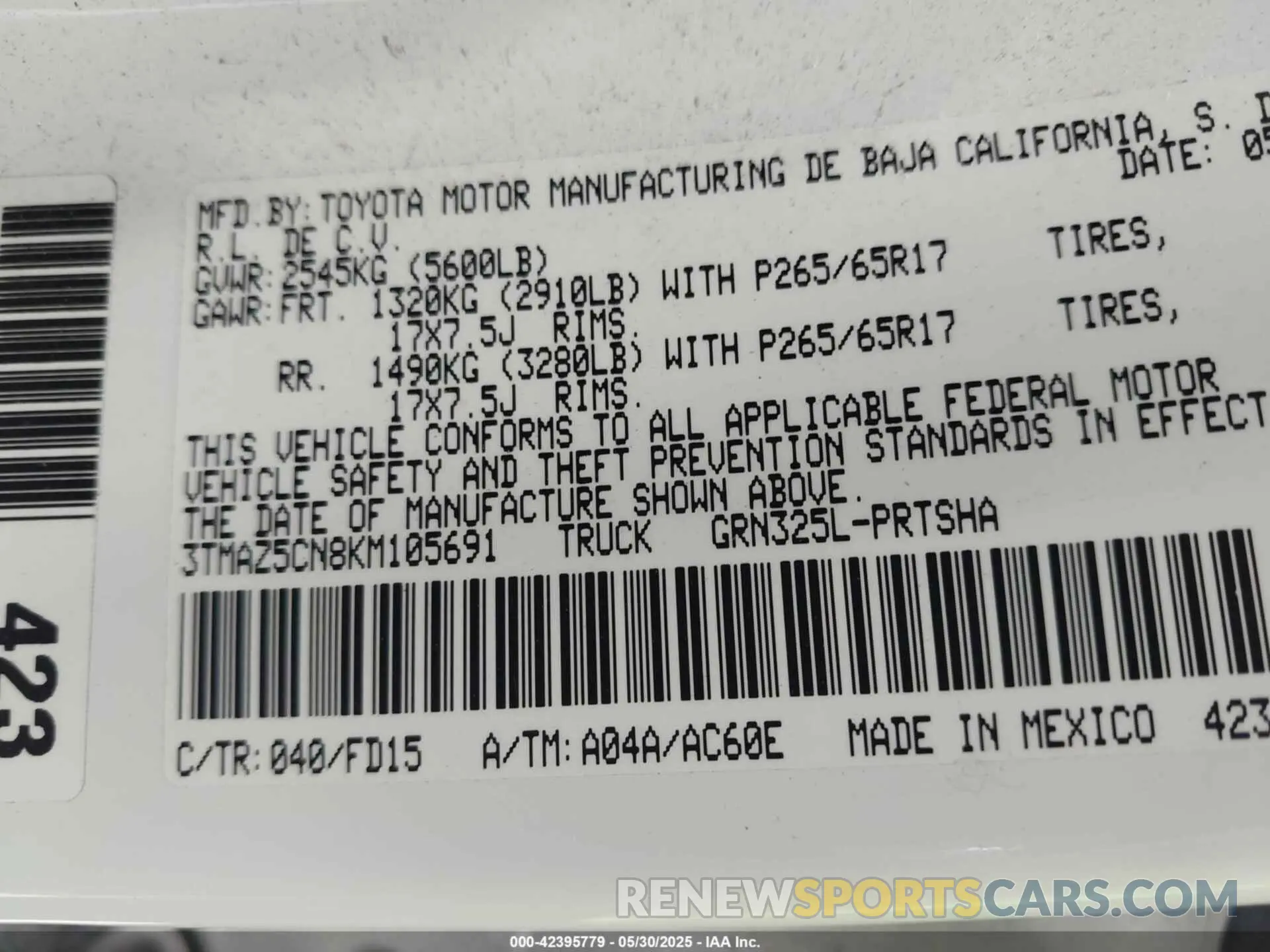 9 Photograph of a damaged car 3TMAZ5CN8KM105691 TOYOTA TACOMA 2019