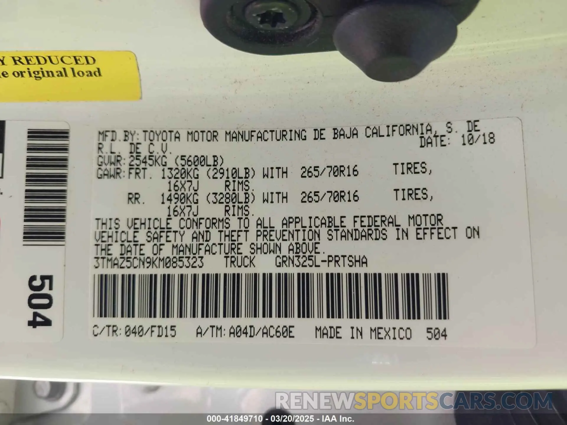 9 Photograph of a damaged car 3TMAZ5CN9KM085323 TOYOTA TACOMA 2019