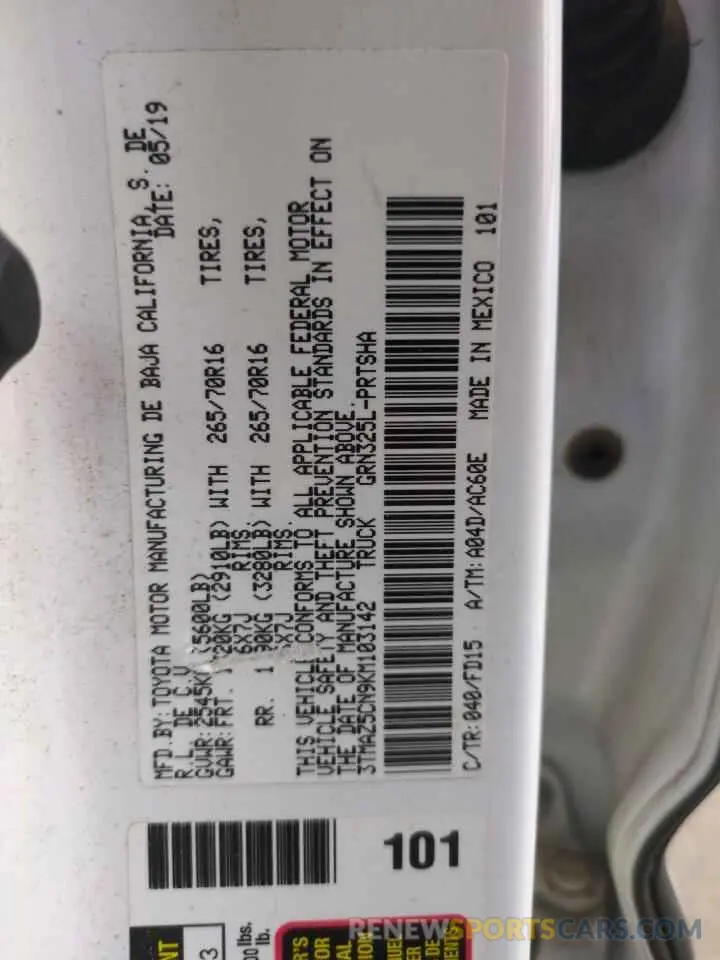 12 Photograph of a damaged car 3TMAZ5CN9KM103142 TOYOTA TACOMA 2019