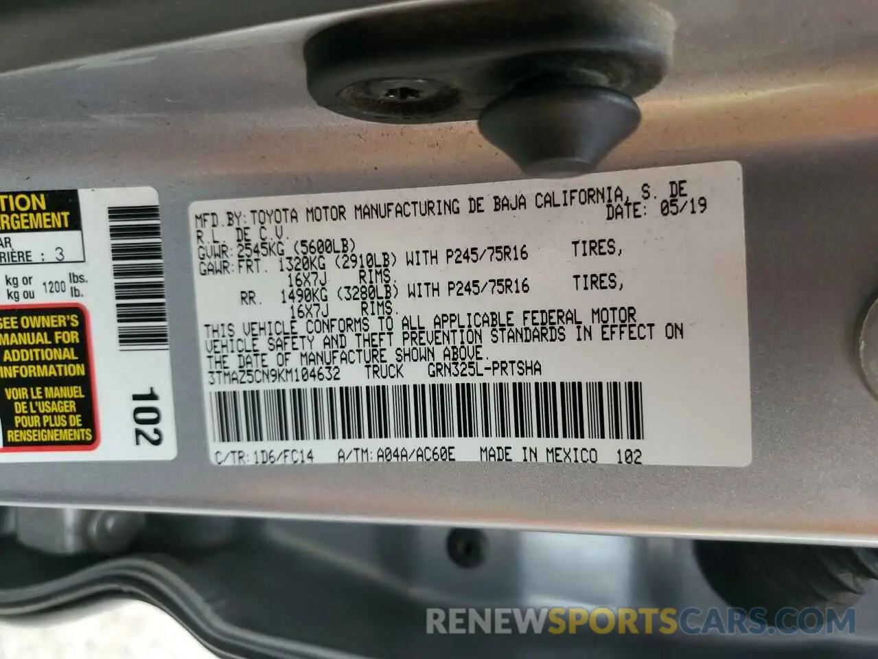 12 Photograph of a damaged car 3TMAZ5CN9KM104632 TOYOTA TACOMA 2019