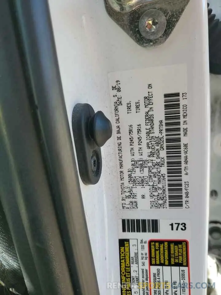 13 Photograph of a damaged car 3TMAZ5CN9KM111645 TOYOTA TACOMA 2019