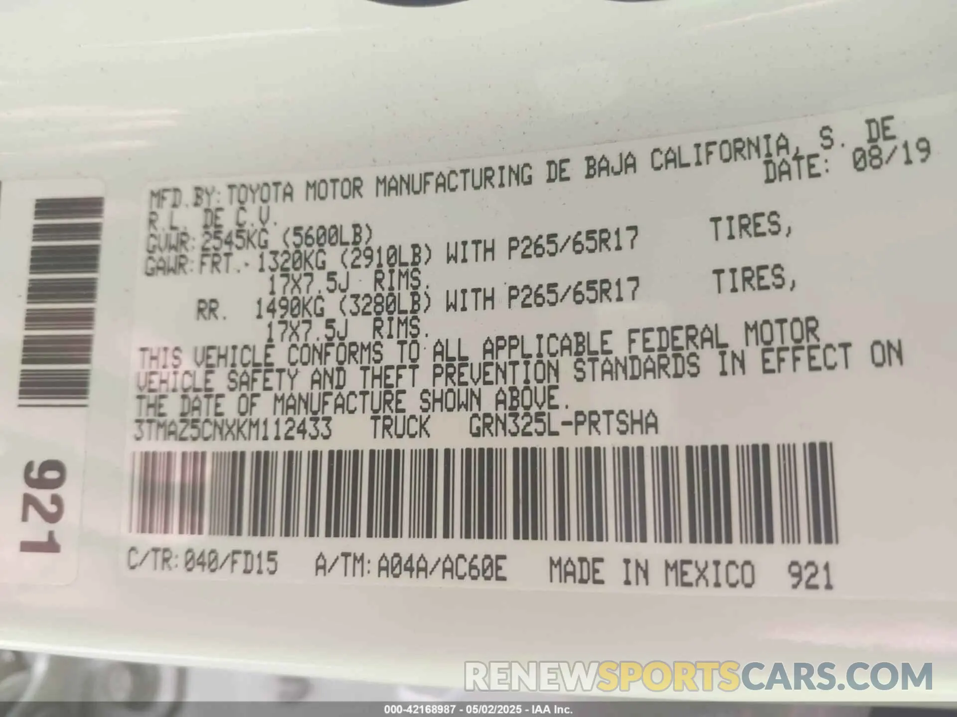 9 Photograph of a damaged car 3TMAZ5CNXKM112433 TOYOTA TACOMA 2019