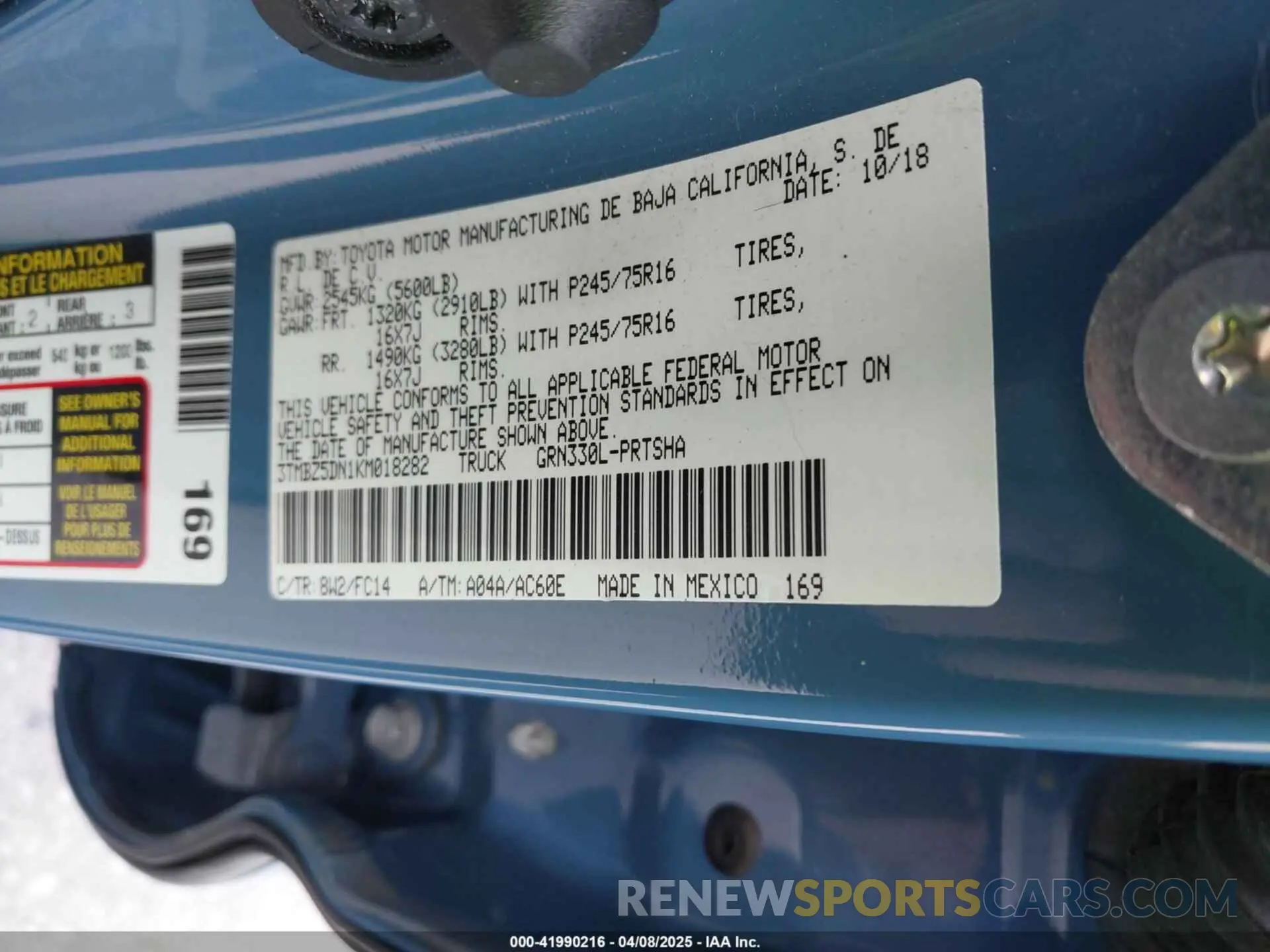 9 Photograph of a damaged car 3TMBZ5DN1KM018282 TOYOTA TACOMA 2019