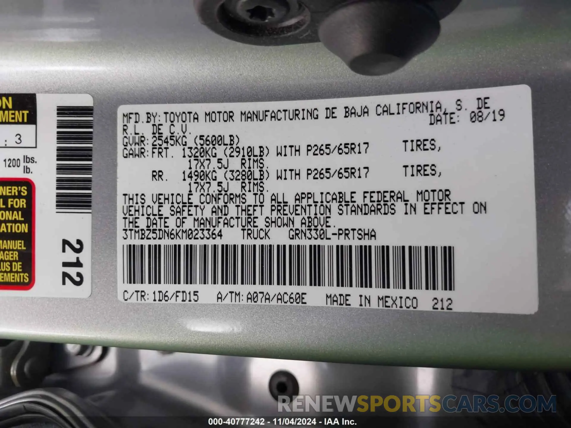 9 Photograph of a damaged car 3TMBZ5DN6KM023364 TOYOTA TACOMA 2019