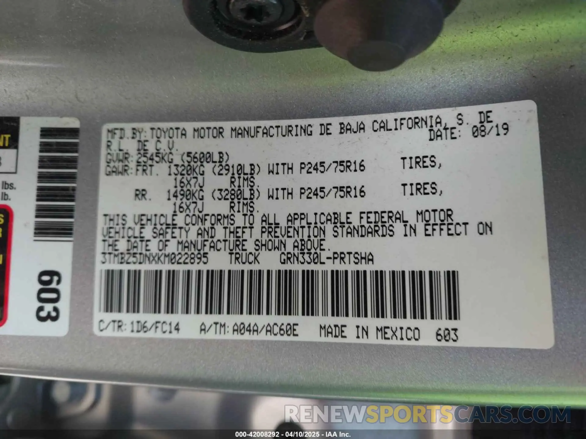 9 Photograph of a damaged car 3TMBZ5DNXKM022895 TOYOTA TACOMA 2019