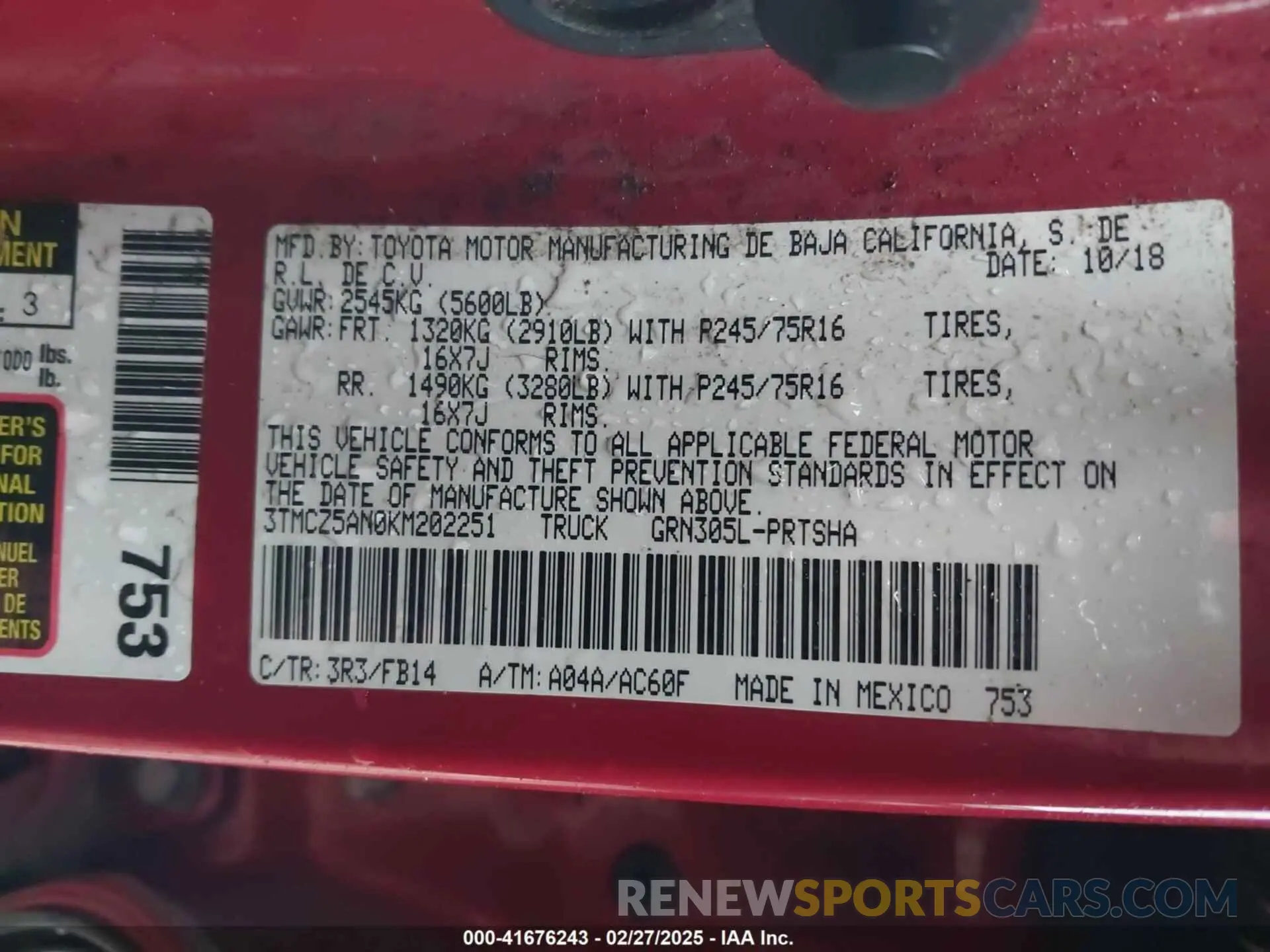 9 Photograph of a damaged car 3TMCZ5AN0KM202251 TOYOTA TACOMA 2019