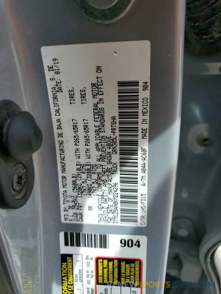 12 Photograph of a damaged car 3TMCZ5AN0KM224296 TOYOTA TACOMA 2019