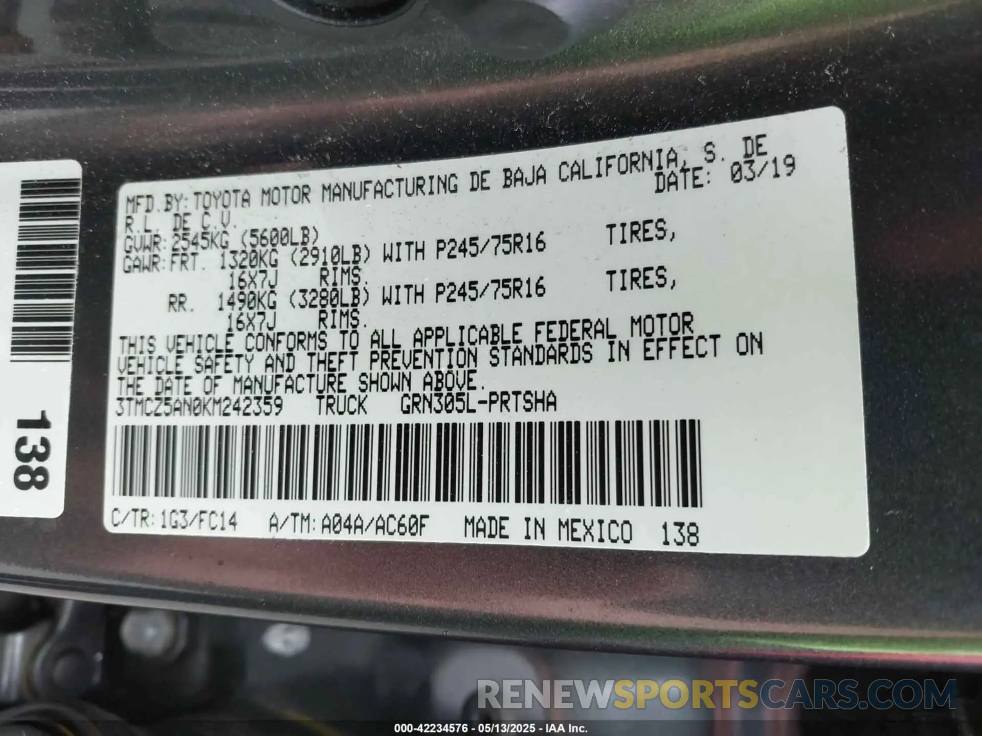 9 Photograph of a damaged car 3TMCZ5AN0KM242359 TOYOTA TACOMA 2019