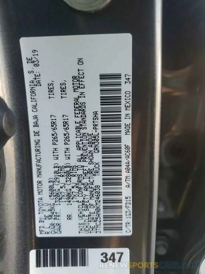12 Photograph of a damaged car 3TMCZ5AN0KM246038 TOYOTA TACOMA 2019