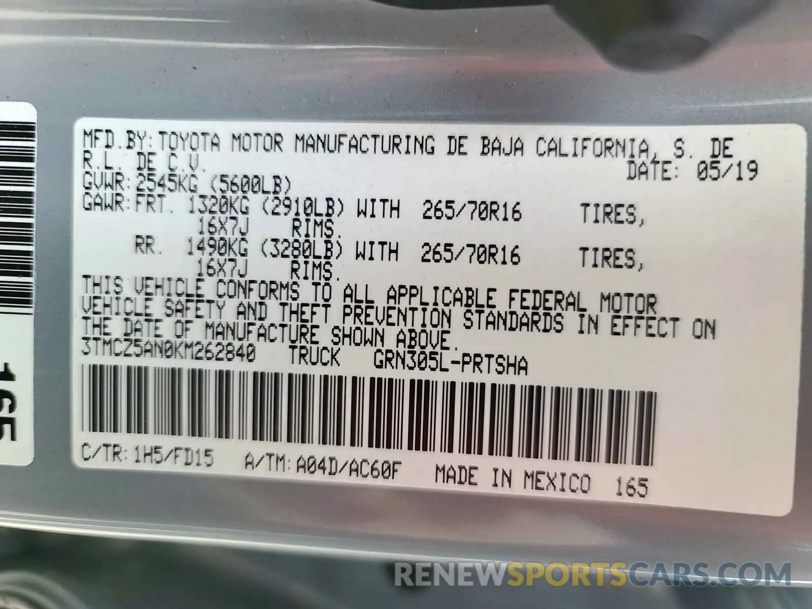 10 Photograph of a damaged car 3TMCZ5AN0KM262840 TOYOTA TACOMA 2019