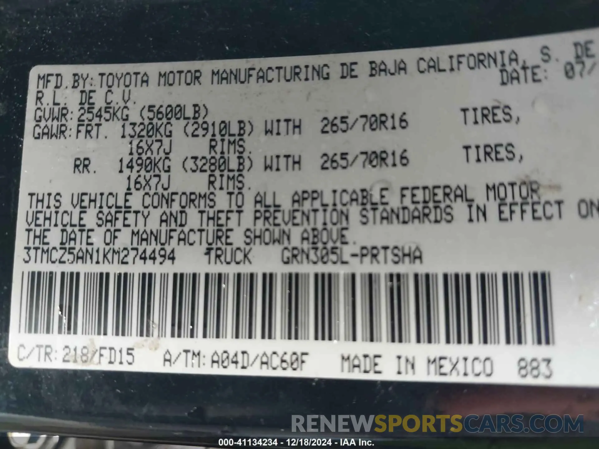 9 Photograph of a damaged car 3TMCZ5AN1KM274494 TOYOTA TACOMA 2019
