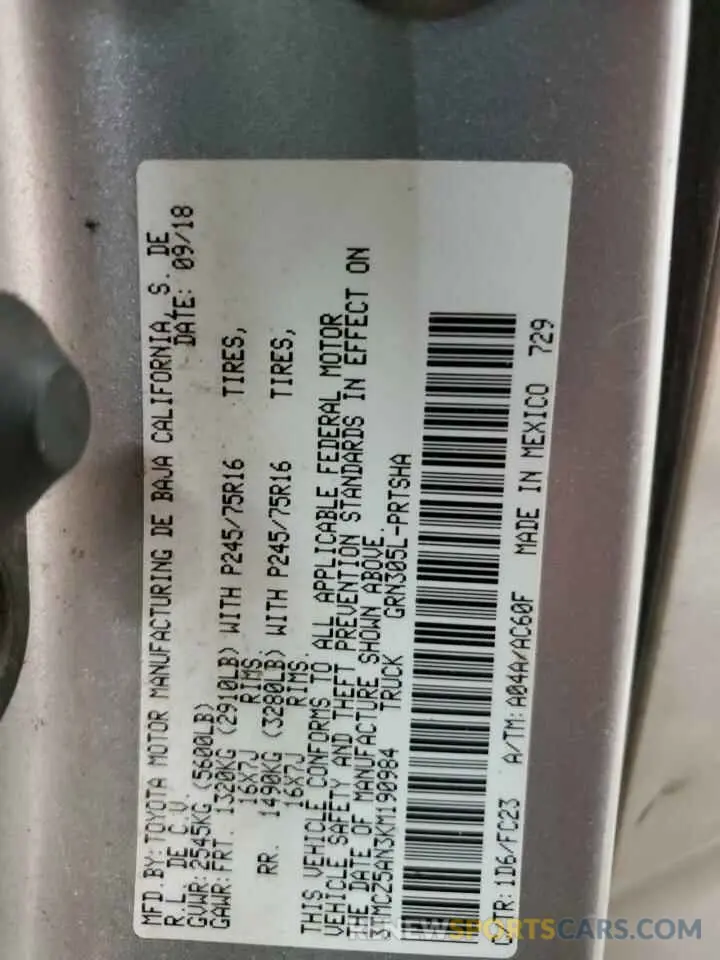 12 Photograph of a damaged car 3TMCZ5AN3KM190984 TOYOTA TACOMA 2019