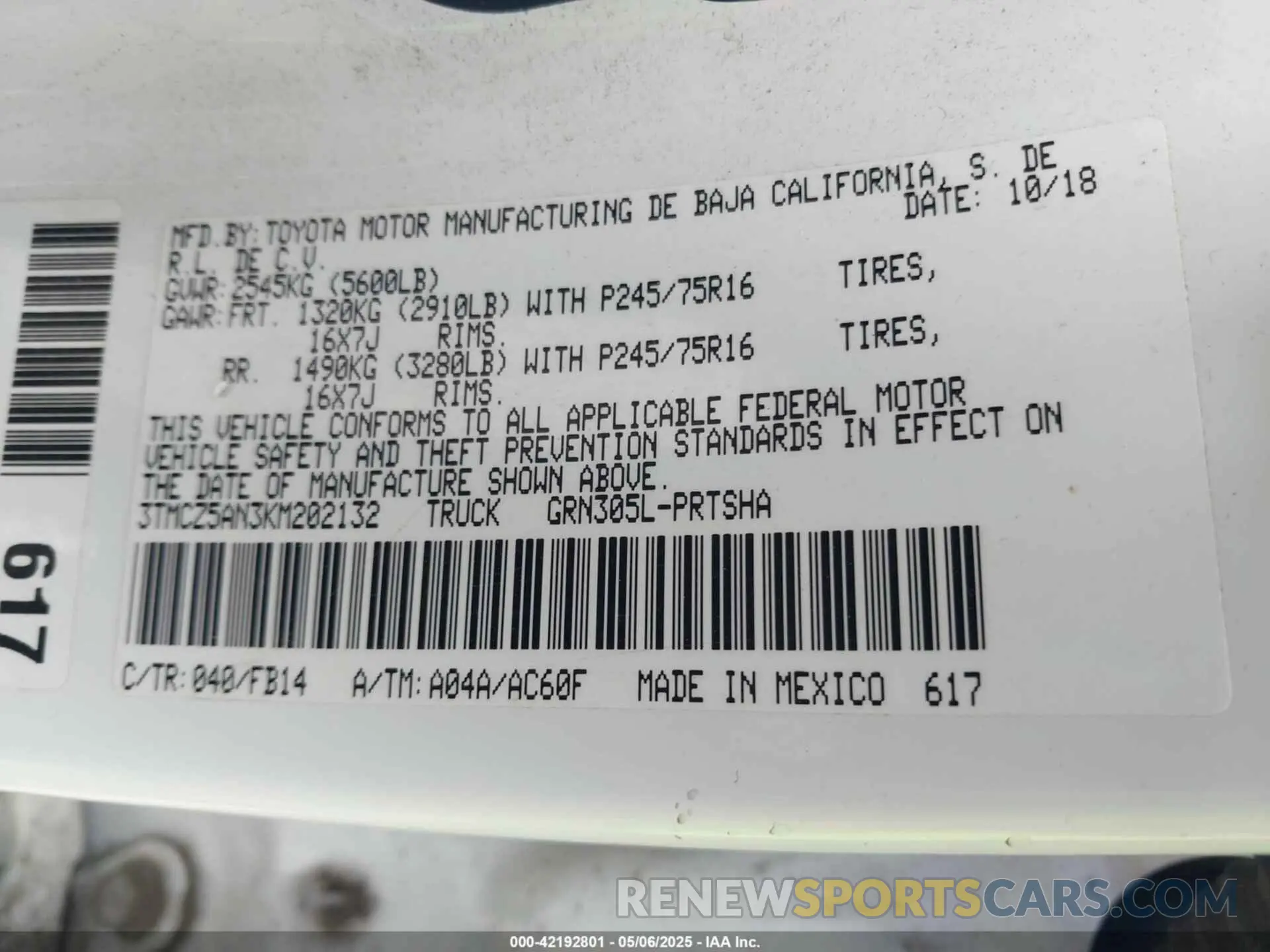 9 Photograph of a damaged car 3TMCZ5AN3KM202132 TOYOTA TACOMA 2019
