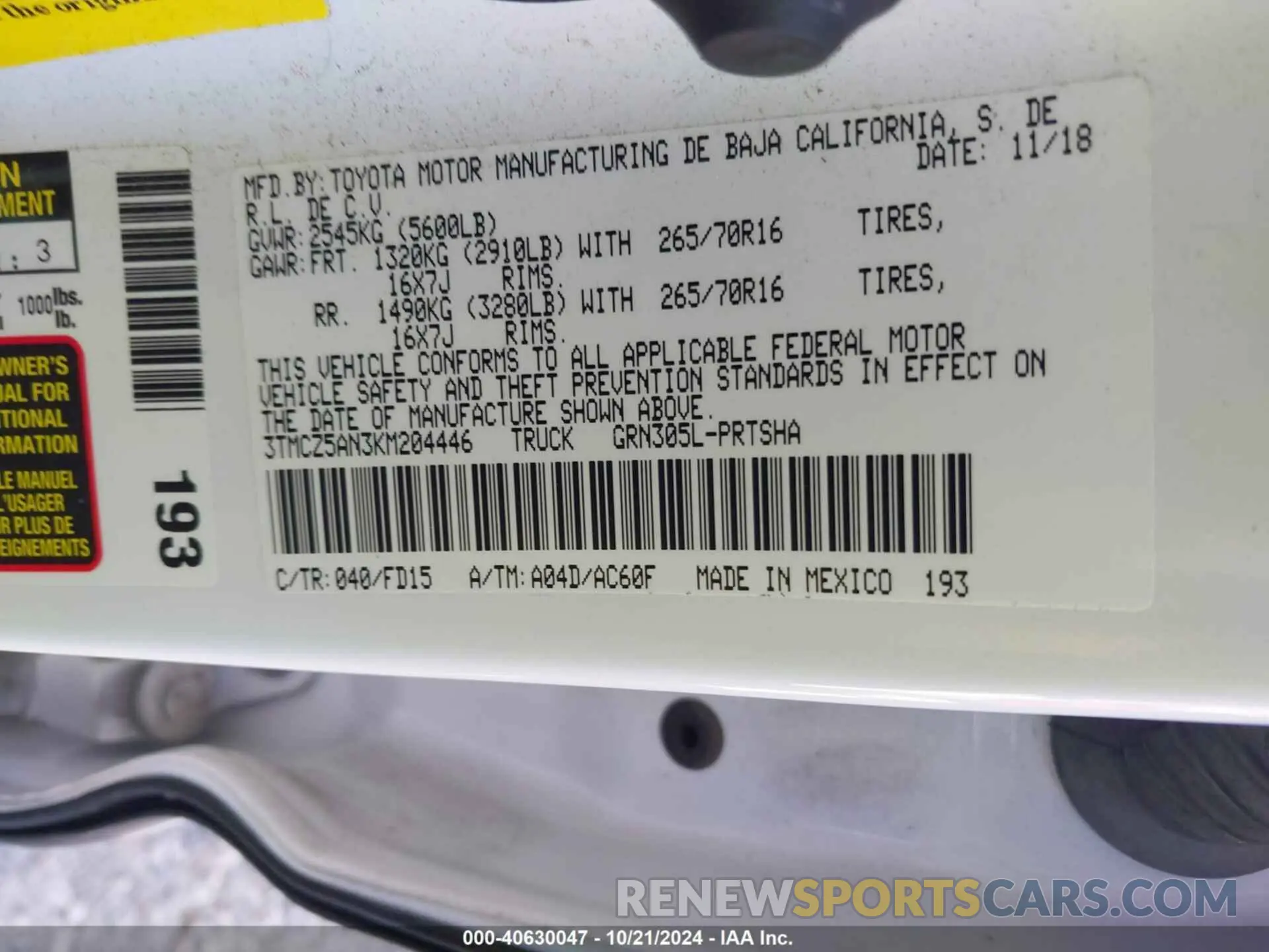 9 Photograph of a damaged car 3TMCZ5AN3KM204446 TOYOTA TACOMA 2019