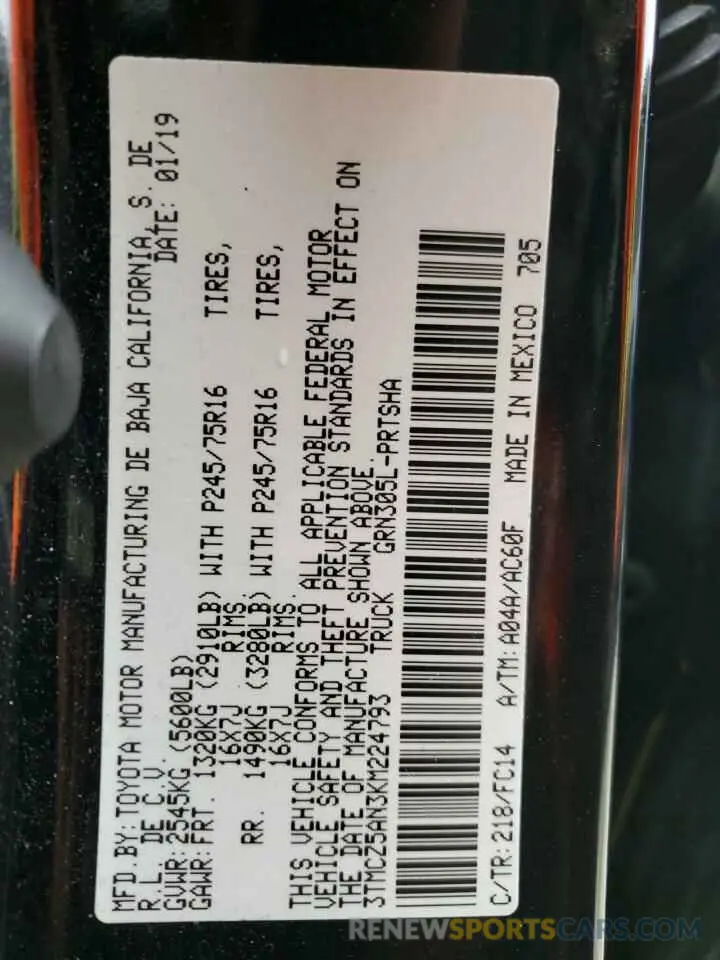 13 Photograph of a damaged car 3TMCZ5AN3KM224793 TOYOTA TACOMA 2019