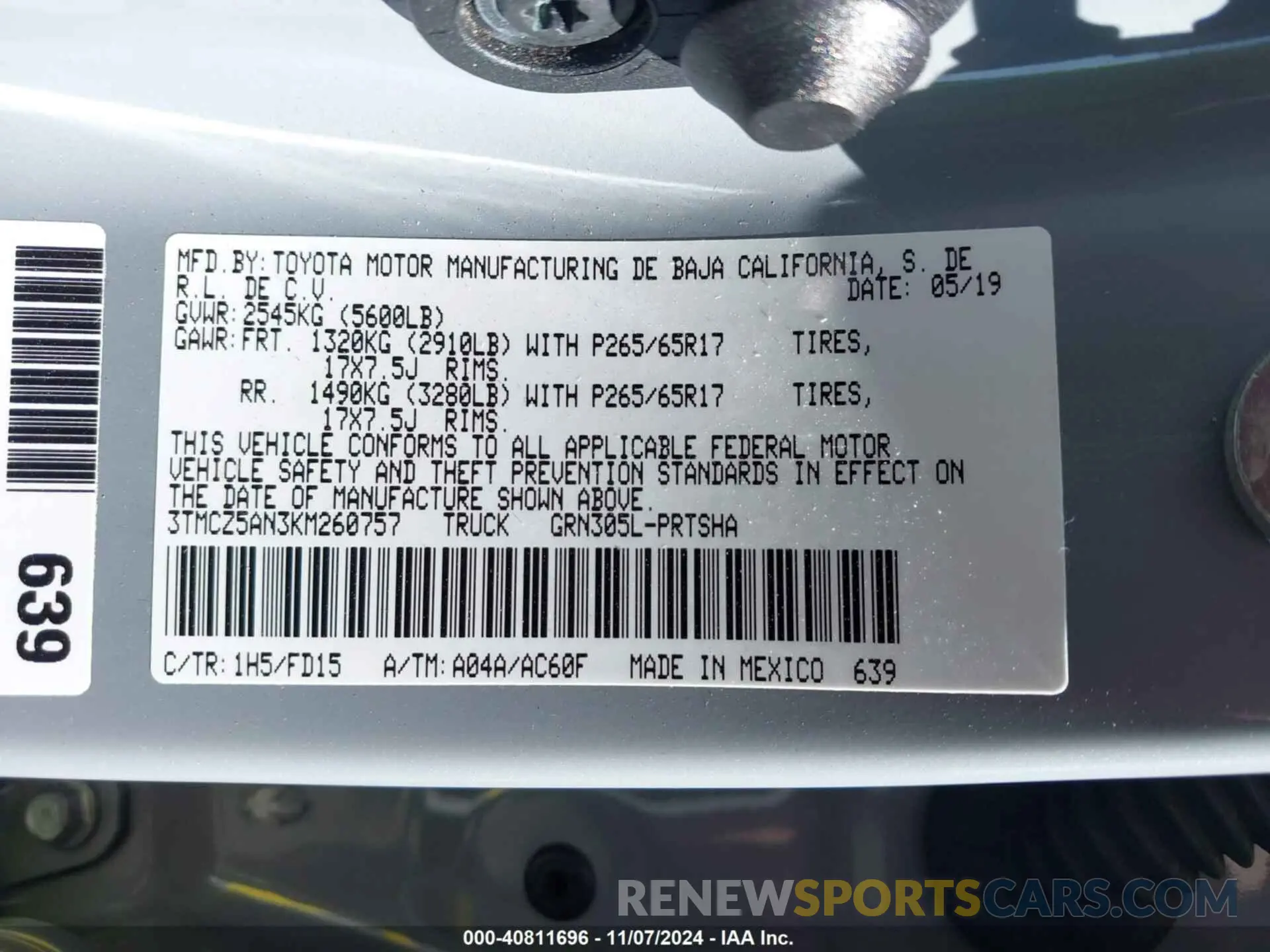 9 Photograph of a damaged car 3TMCZ5AN3KM260757 TOYOTA TACOMA 2019
