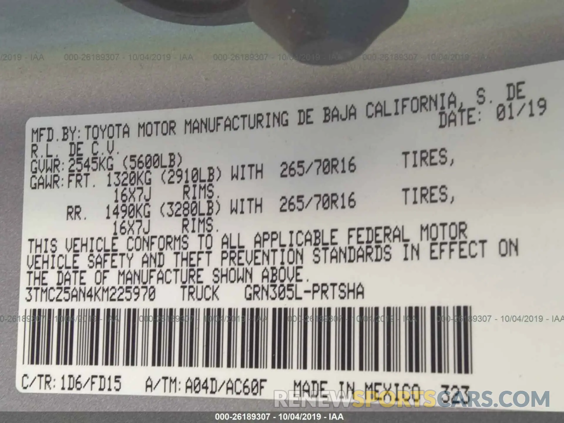 9 Photograph of a damaged car 3TMCZ5AN4KM225970 TOYOTA TACOMA 2019