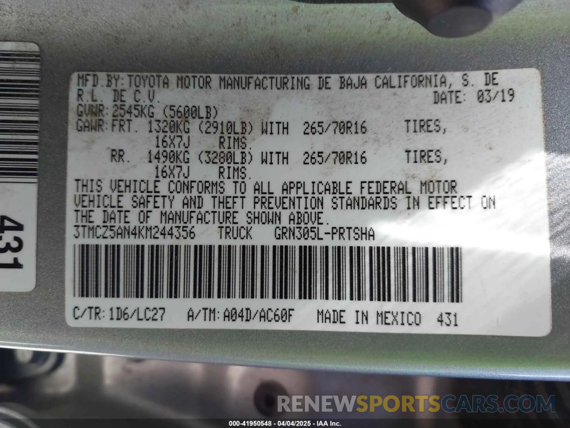 9 Photograph of a damaged car 3TMCZ5AN4KM244356 TOYOTA TACOMA 2019