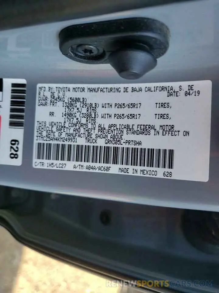13 Photograph of a damaged car 3TMCZ5AN4KM249931 TOYOTA TACOMA 2019