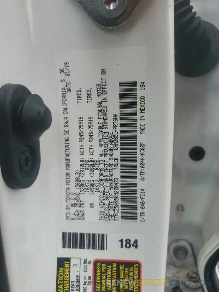 12 Photograph of a damaged car 3TMCZ5AN5KM220423 TOYOTA TACOMA 2019