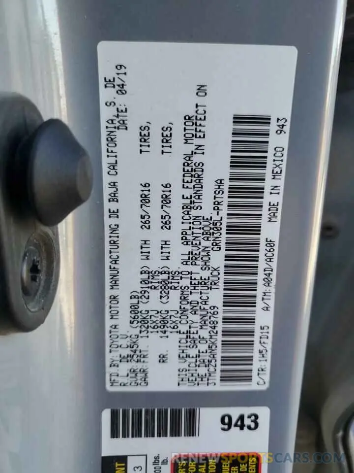 12 Photograph of a damaged car 3TMCZ5AN5KM248769 TOYOTA TACOMA 2019