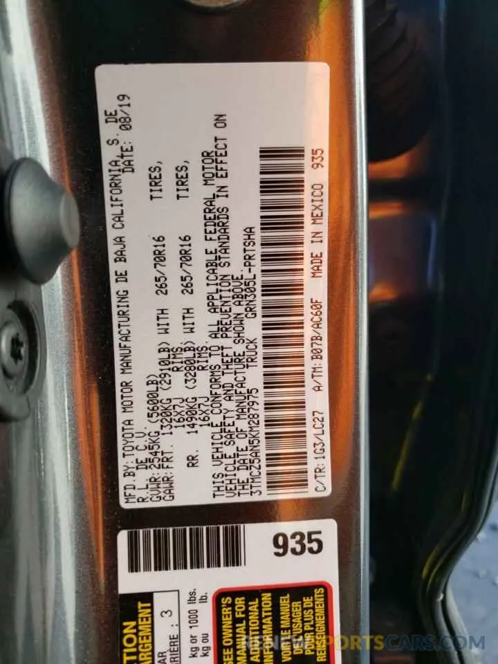 13 Photograph of a damaged car 3TMCZ5AN5KM287975 TOYOTA TACOMA 2019