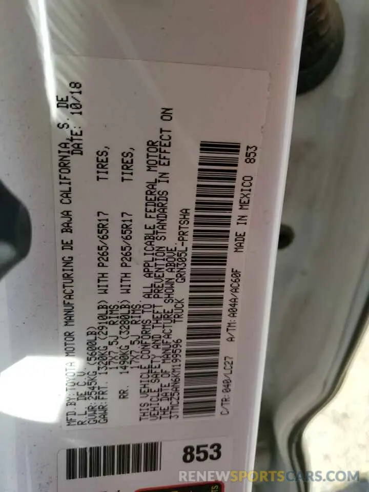 12 Photograph of a damaged car 3TMCZ5AN6KM199596 TOYOTA TACOMA 2019