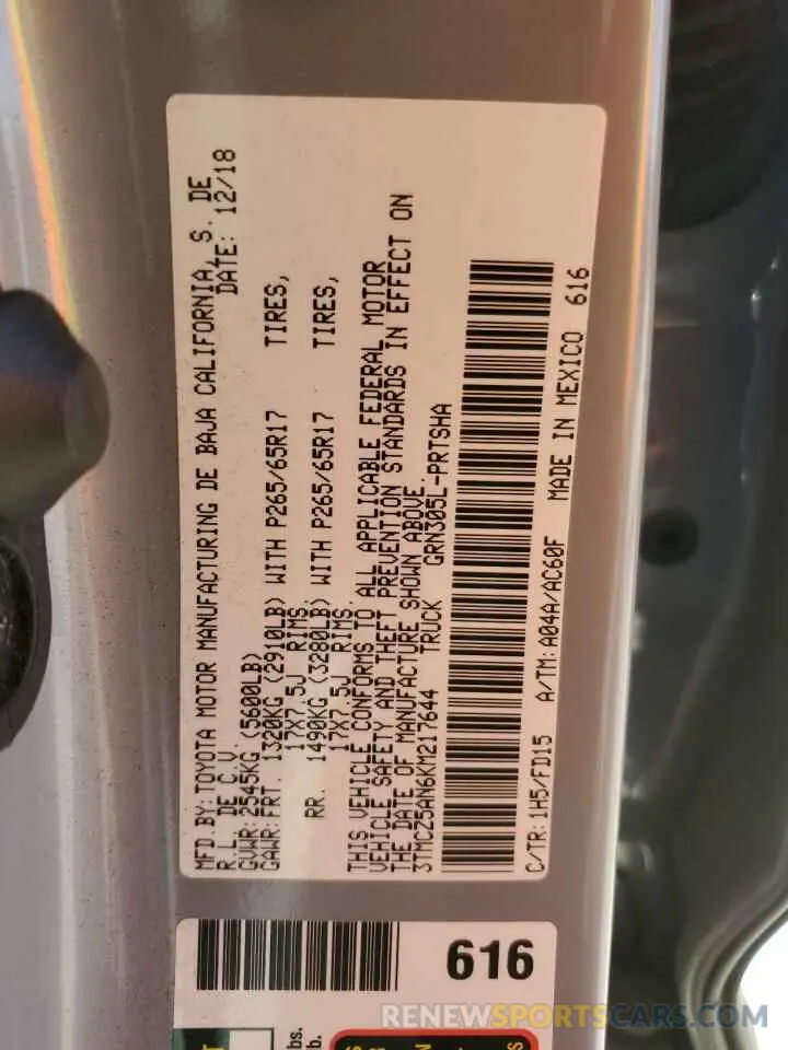 13 Photograph of a damaged car 3TMCZ5AN6KM217644 TOYOTA TACOMA 2019
