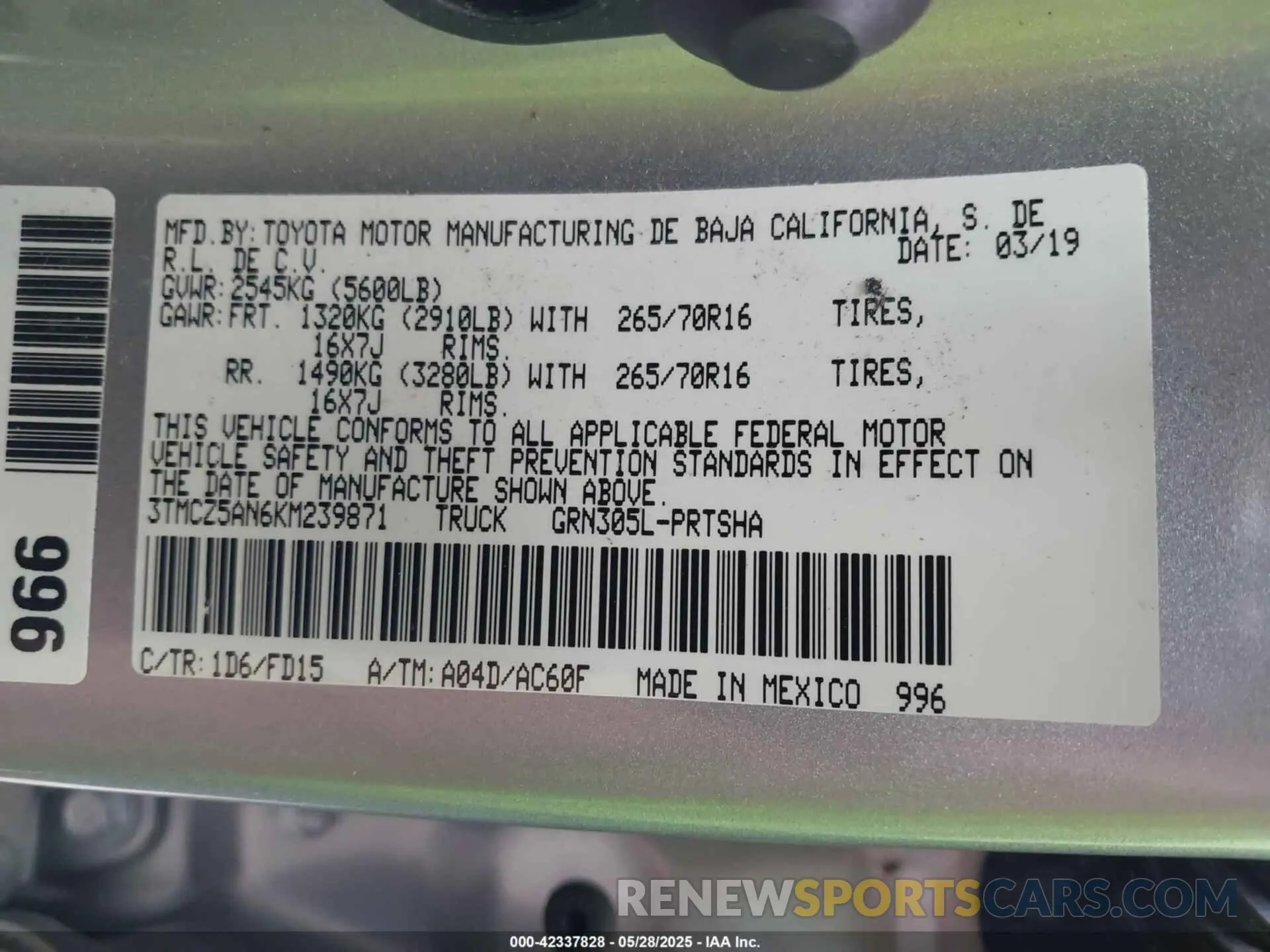 9 Photograph of a damaged car 3TMCZ5AN6KM239871 TOYOTA TACOMA 2019