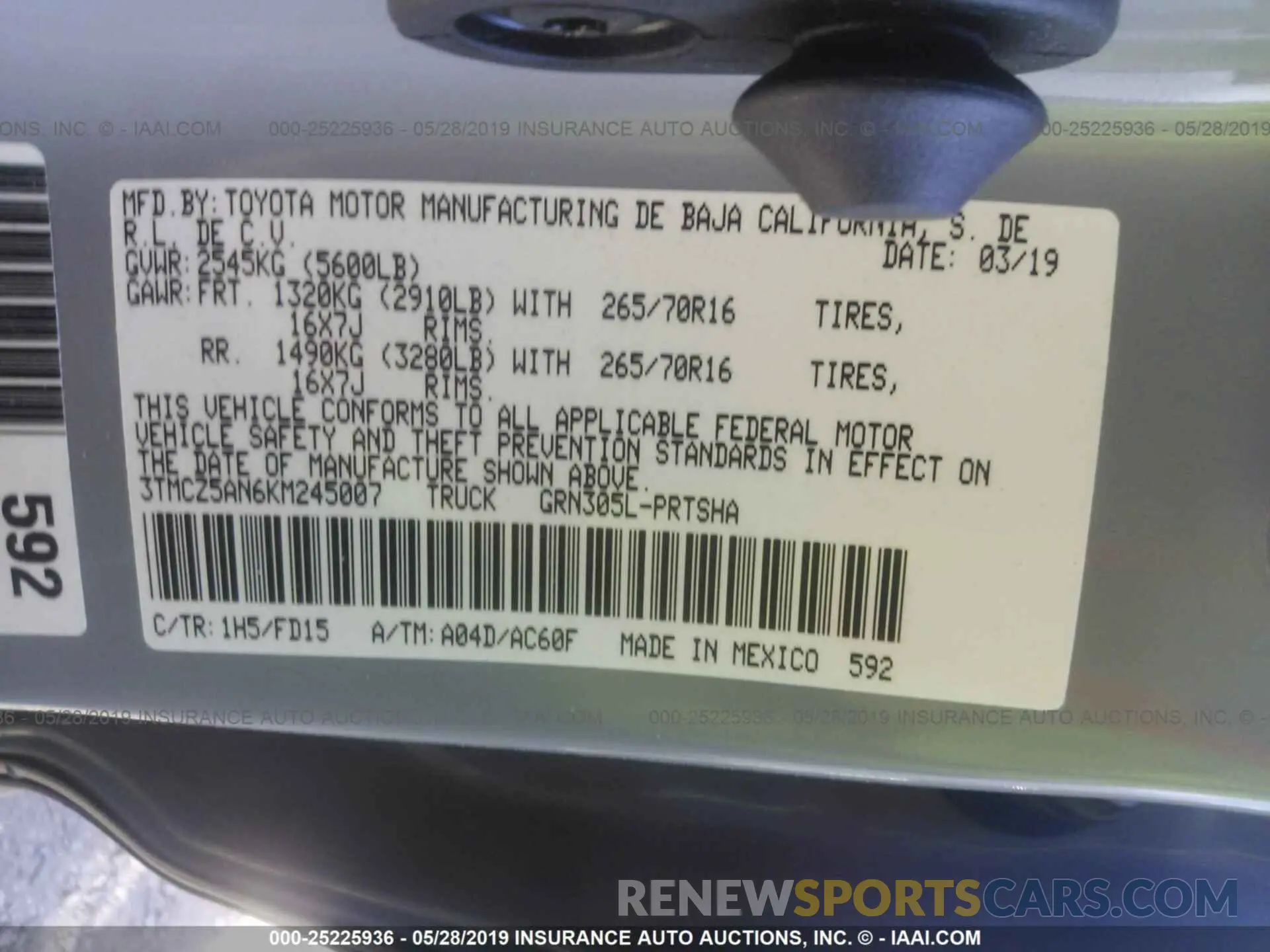 9 Photograph of a damaged car 3TMCZ5AN6KM245007 TOYOTA TACOMA 2019