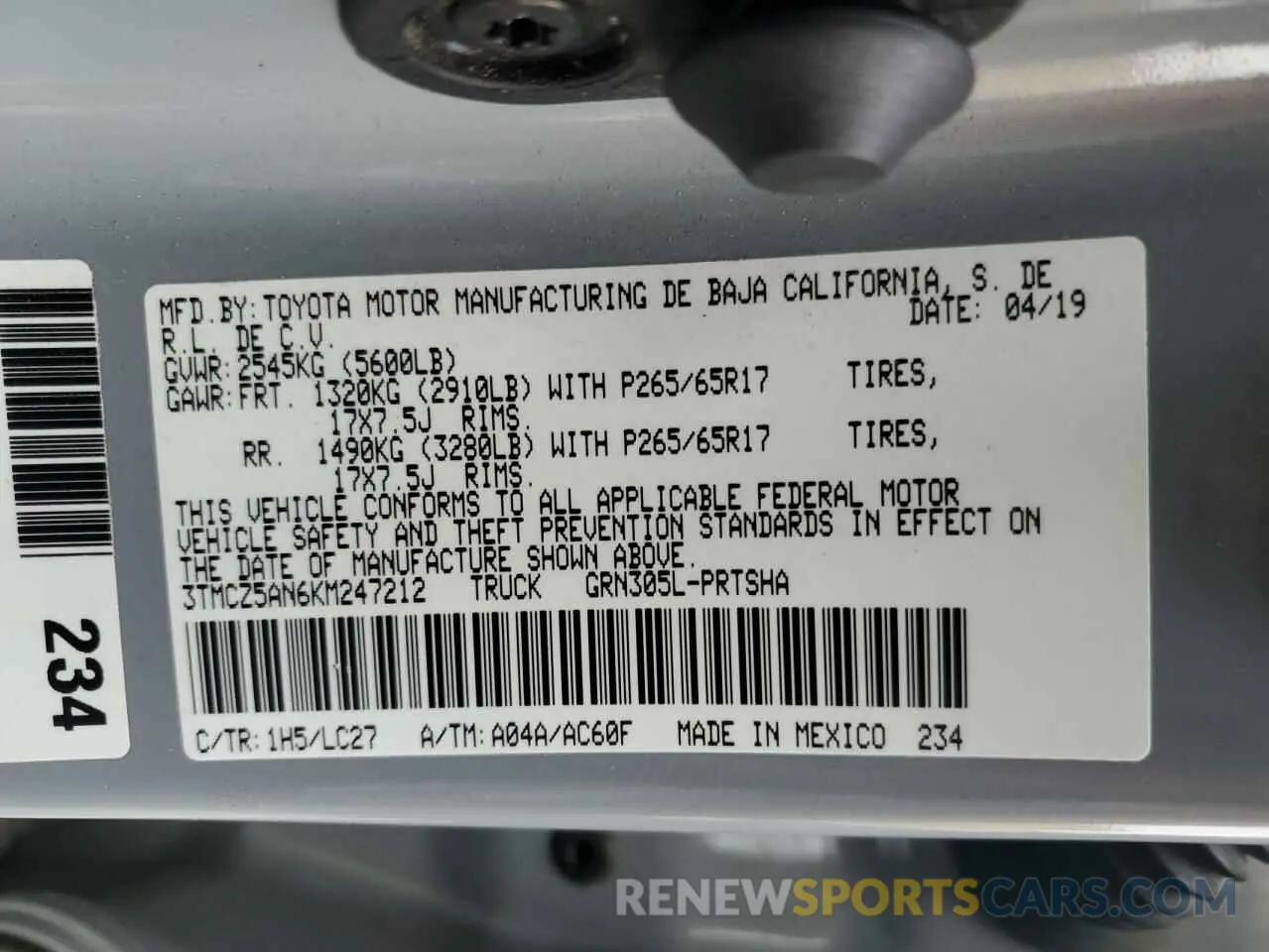 13 Photograph of a damaged car 3TMCZ5AN6KM247212 TOYOTA TACOMA 2019