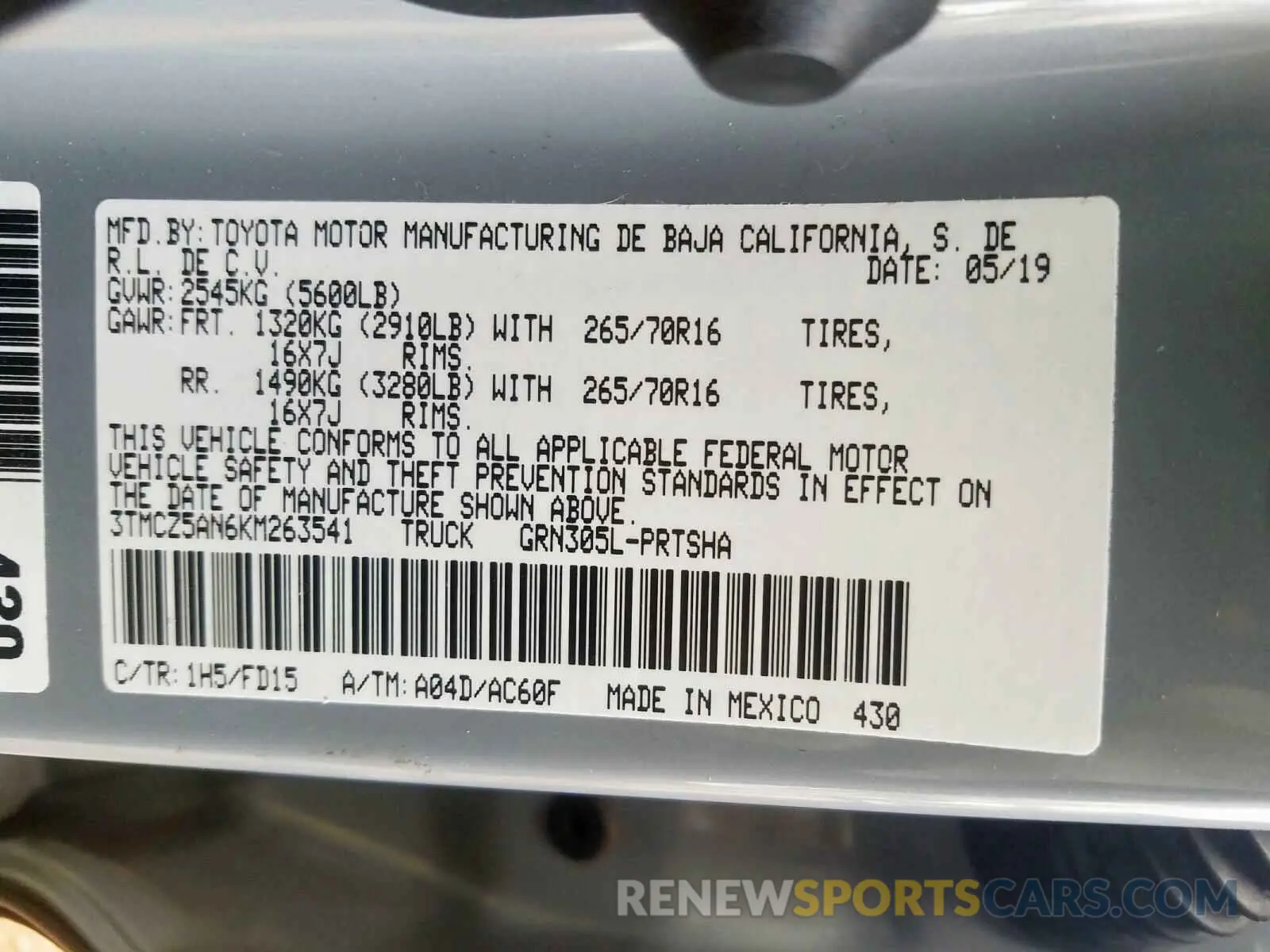 10 Photograph of a damaged car 3TMCZ5AN6KM263541 TOYOTA TACOMA 2019
