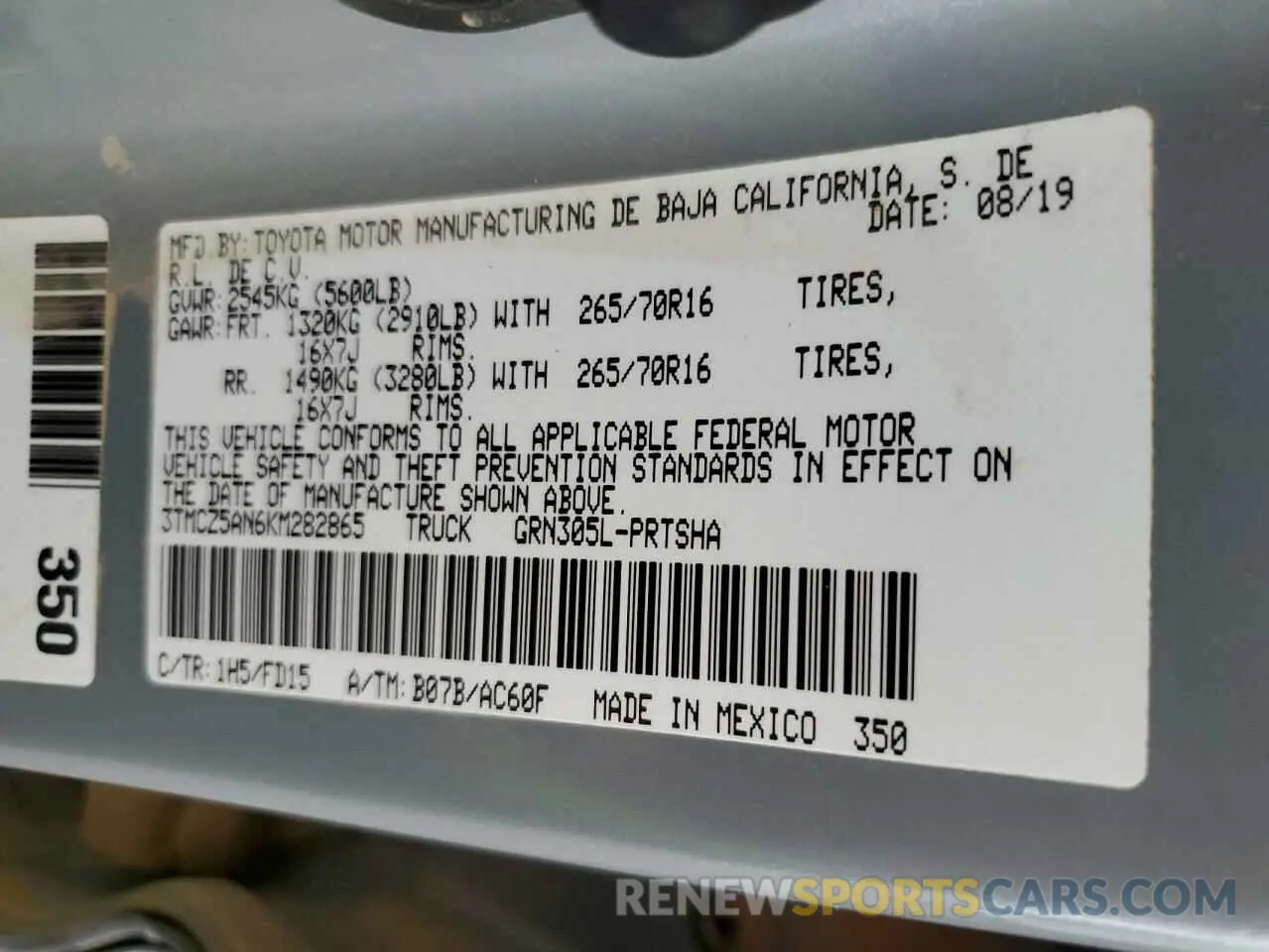 12 Photograph of a damaged car 3TMCZ5AN6KM282865 TOYOTA TACOMA 2019