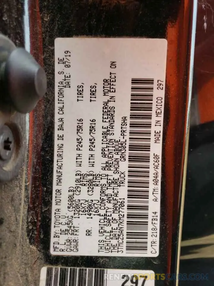 12 Photograph of a damaged car 3TMCZ5AN7KM277061 TOYOTA TACOMA 2019