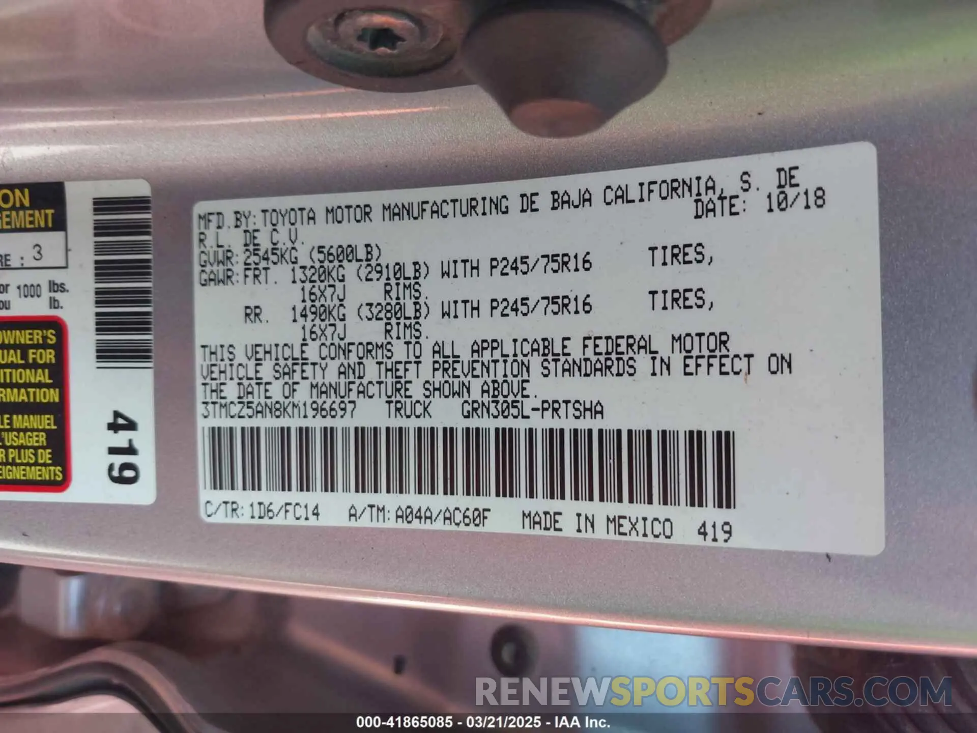 9 Photograph of a damaged car 3TMCZ5AN8KM196697 TOYOTA TACOMA 2019
