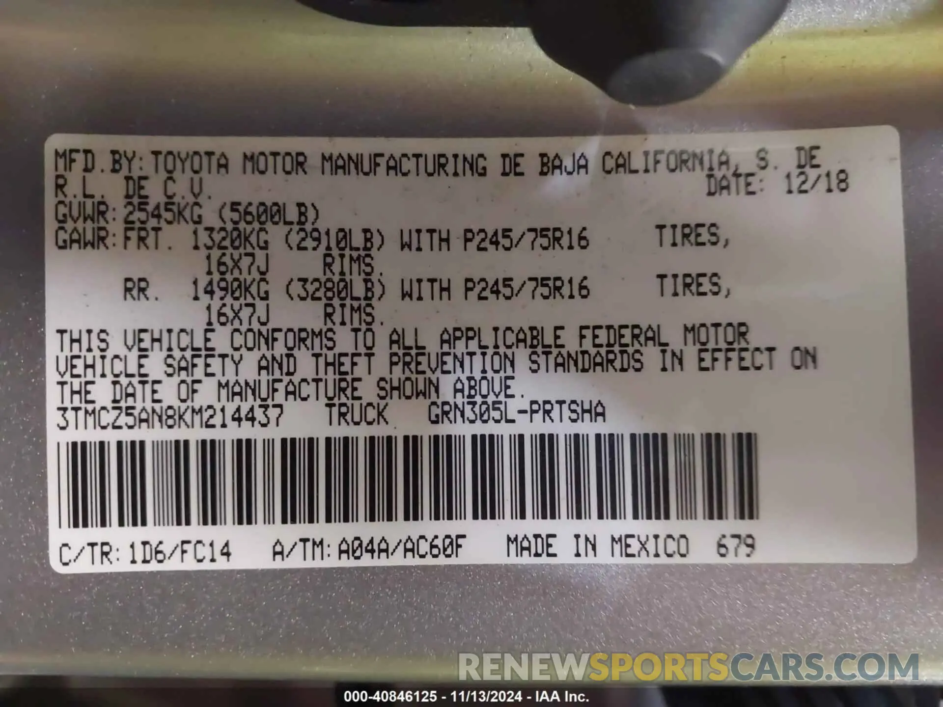 9 Photograph of a damaged car 3TMCZ5AN8KM214437 TOYOTA TACOMA 2019