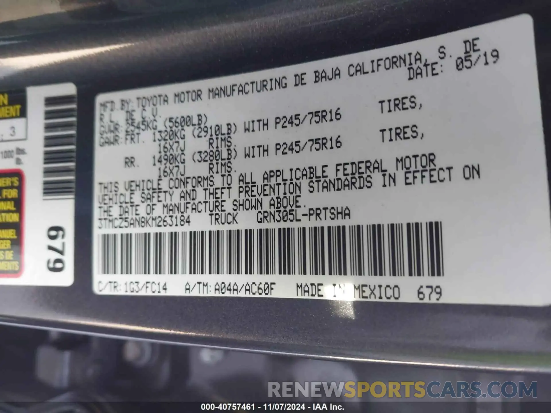 9 Photograph of a damaged car 3TMCZ5AN8KM263184 TOYOTA TACOMA 2019