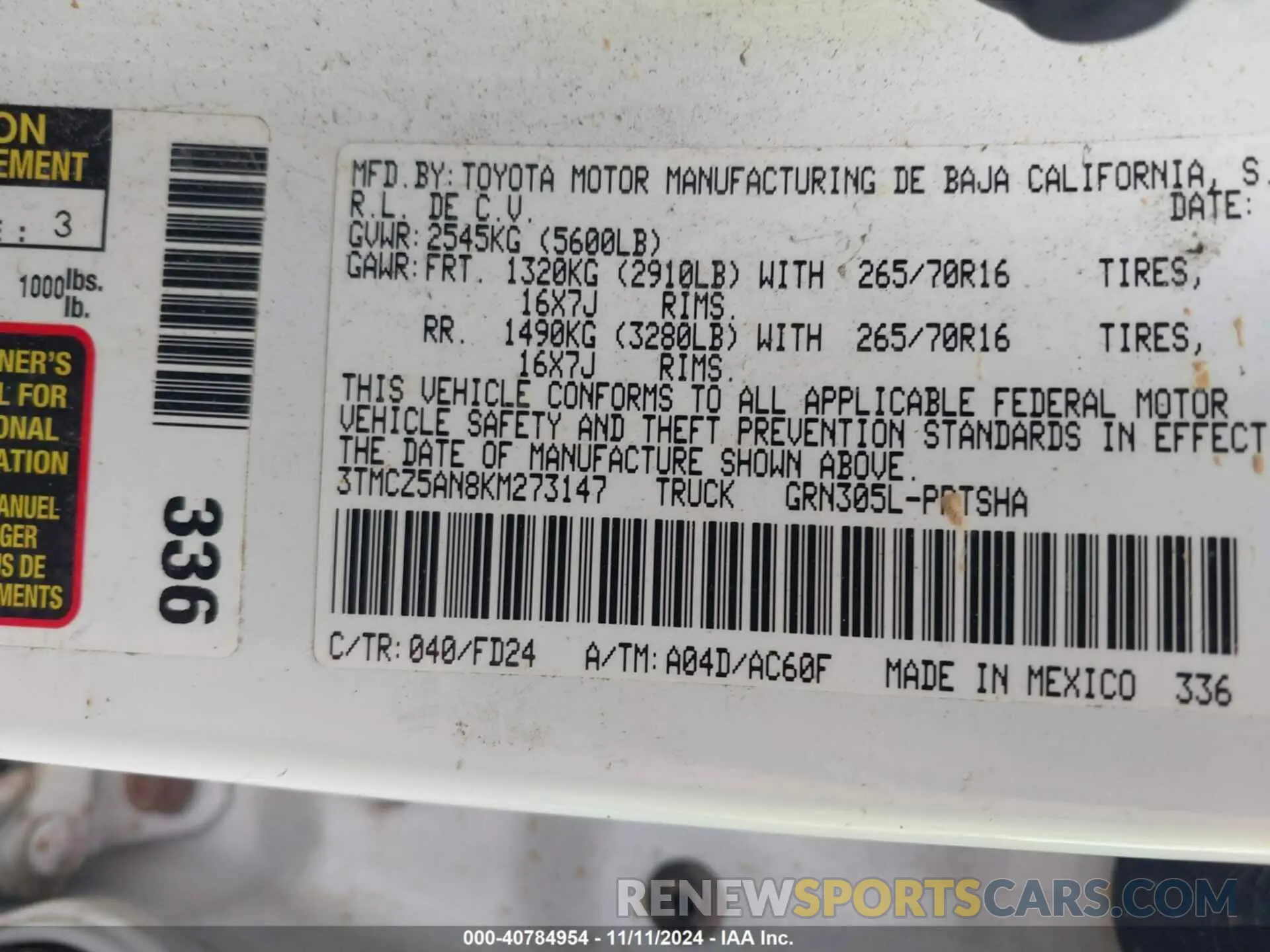 9 Photograph of a damaged car 3TMCZ5AN8KM273147 TOYOTA TACOMA 2019