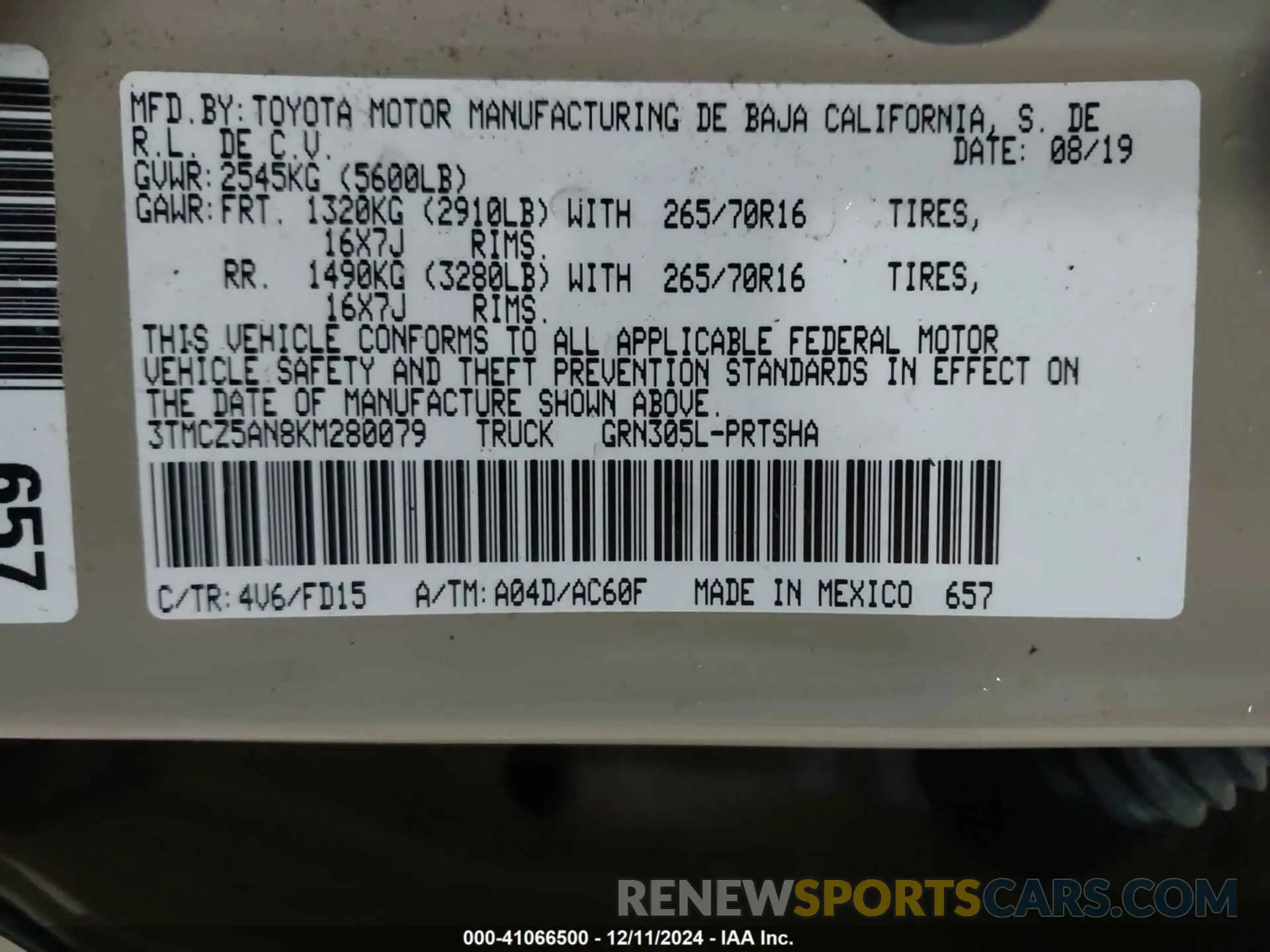9 Photograph of a damaged car 3TMCZ5AN8KM280079 TOYOTA TACOMA 2019