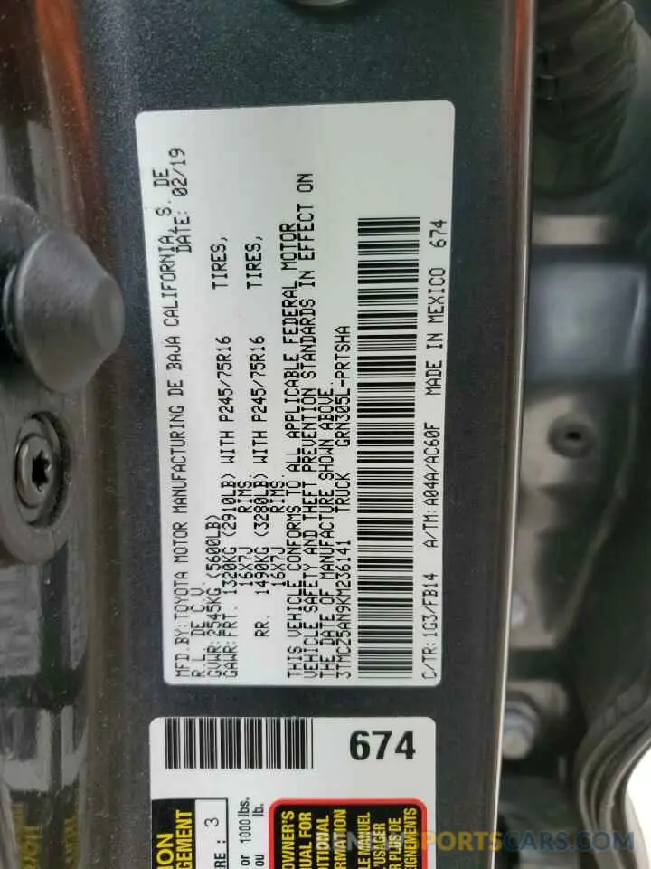 14 Photograph of a damaged car 3TMCZ5AN9KM236141 TOYOTA TACOMA 2019