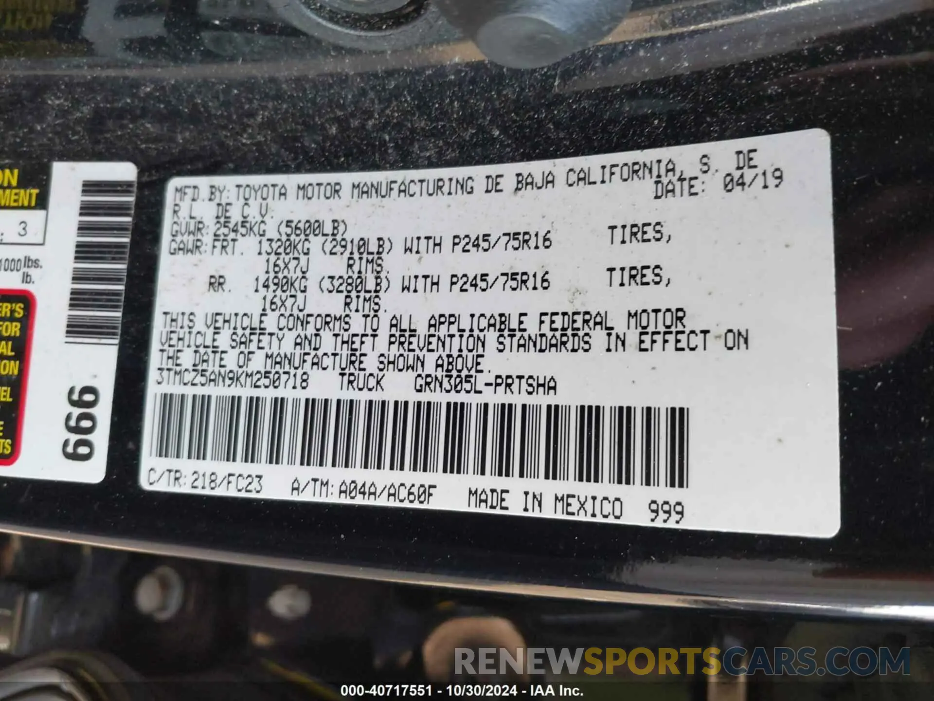 9 Photograph of a damaged car 3TMCZ5AN9KM250718 TOYOTA TACOMA 2019