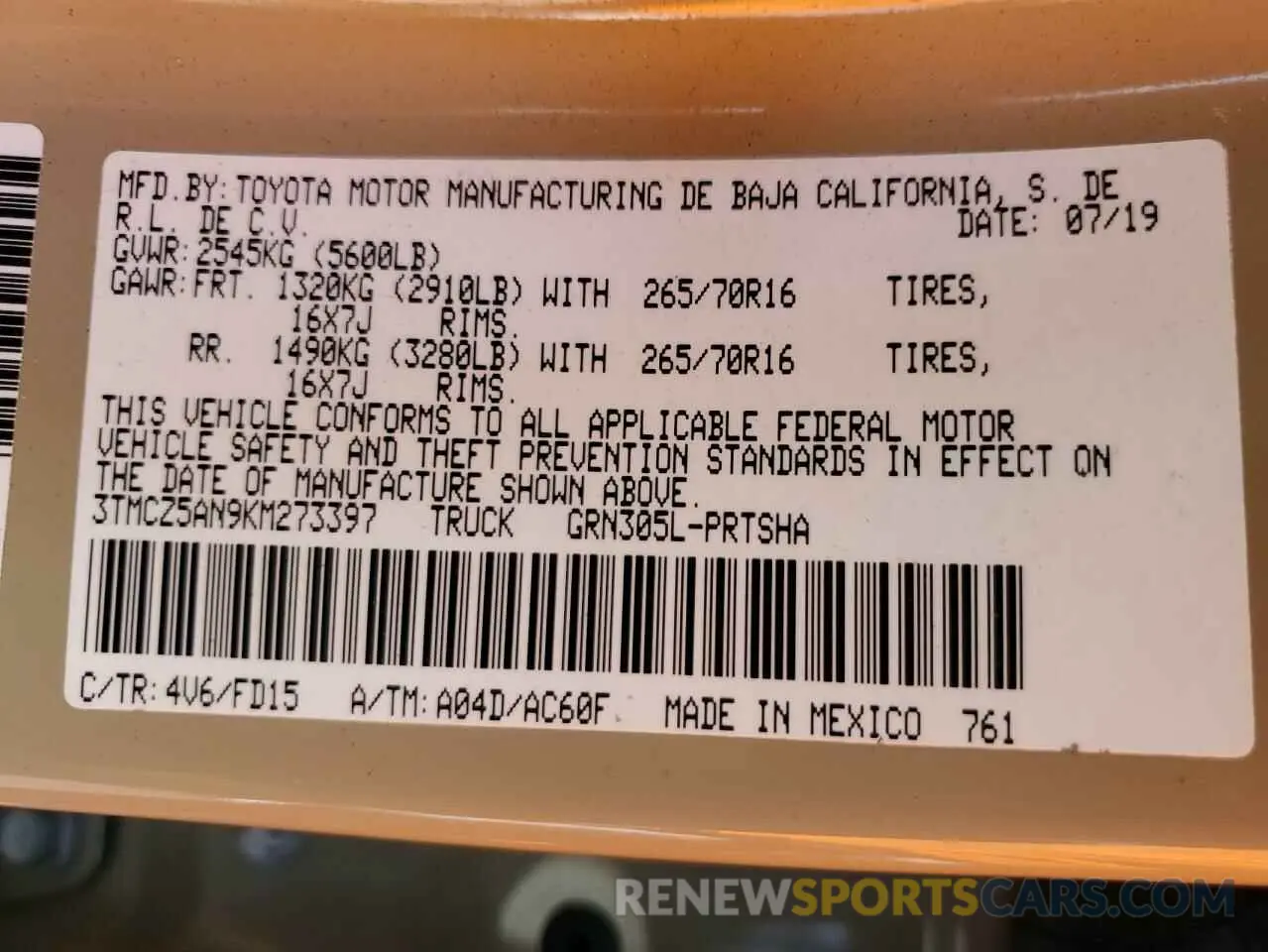 12 Photograph of a damaged car 3TMCZ5AN9KM273397 TOYOTA TACOMA 2019