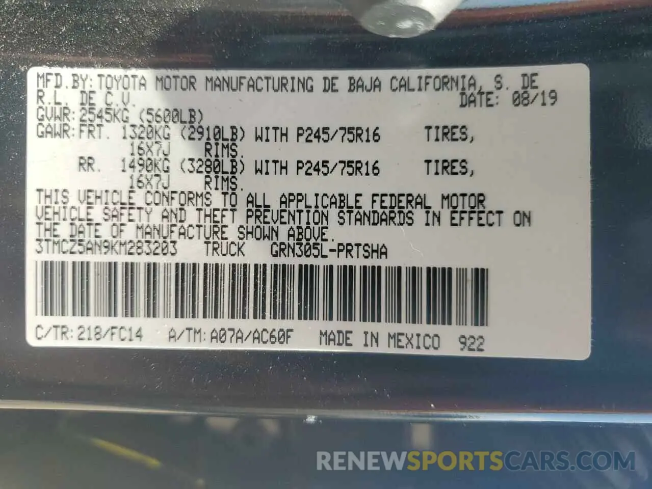 13 Photograph of a damaged car 3TMCZ5AN9KM283203 TOYOTA TACOMA 2019