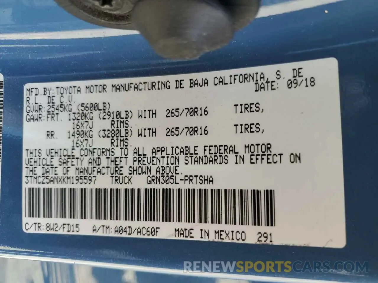 13 Photograph of a damaged car 3TMCZ5ANXKM195597 TOYOTA TACOMA 2019