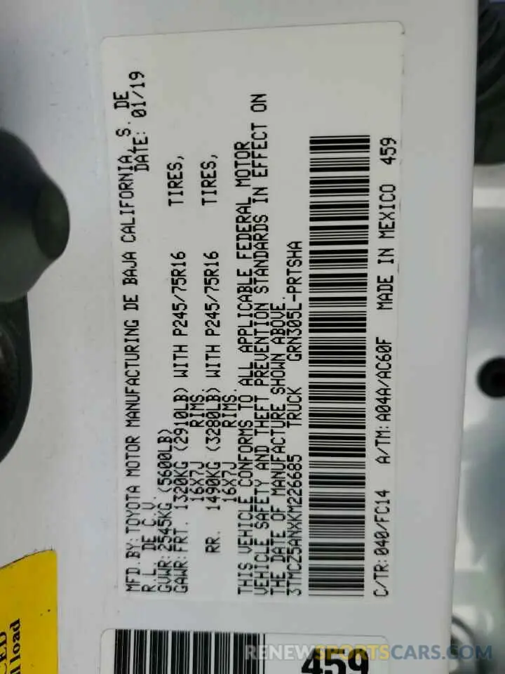 12 Photograph of a damaged car 3TMCZ5ANXKM226685 TOYOTA TACOMA 2019
