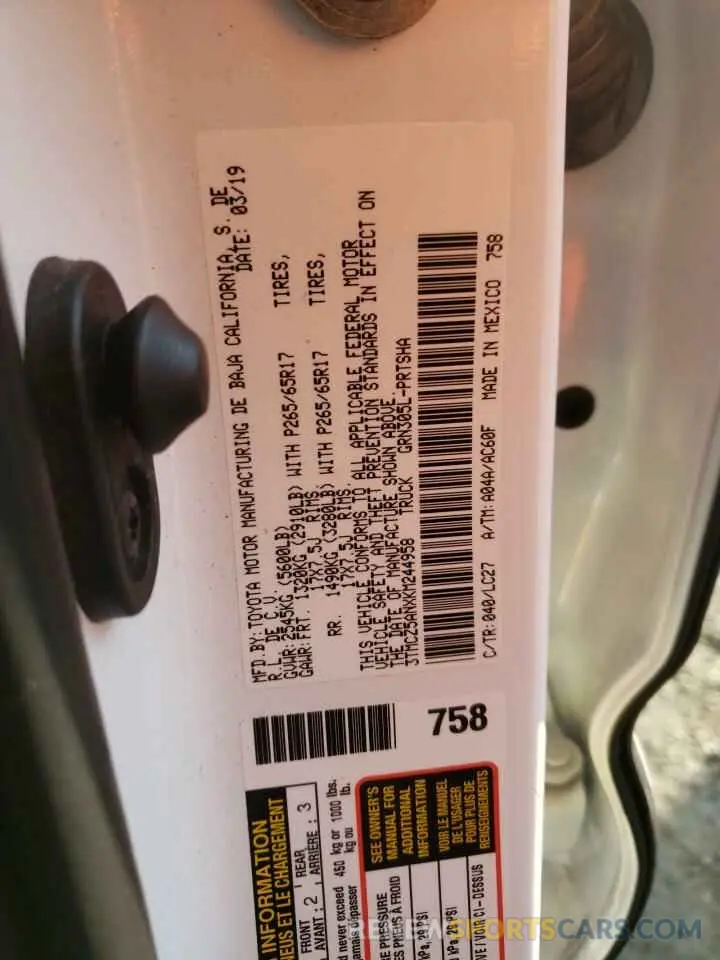 10 Photograph of a damaged car 3TMCZ5ANXKM244958 TOYOTA TACOMA 2019