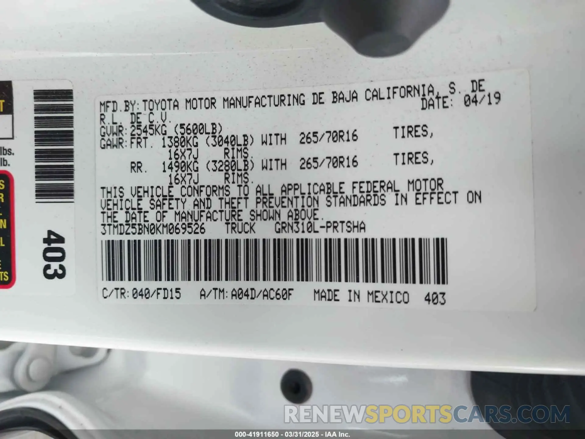 9 Photograph of a damaged car 3TMDZ5BN0KM069526 TOYOTA TACOMA 2019