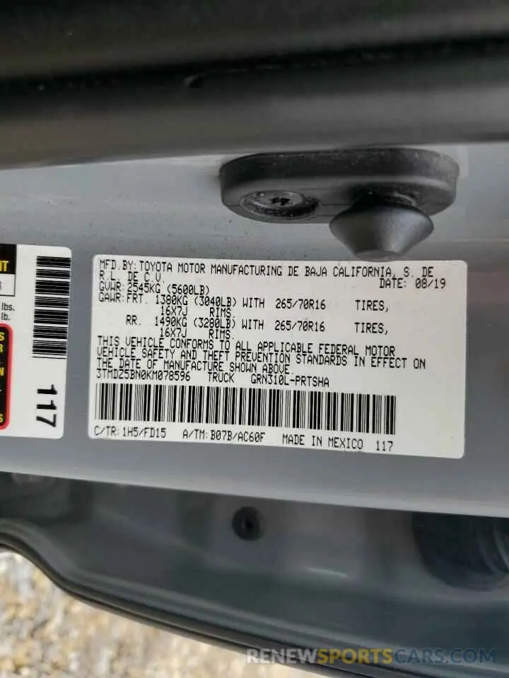 13 Photograph of a damaged car 3TMDZ5BN0KM078596 TOYOTA TACOMA 2019