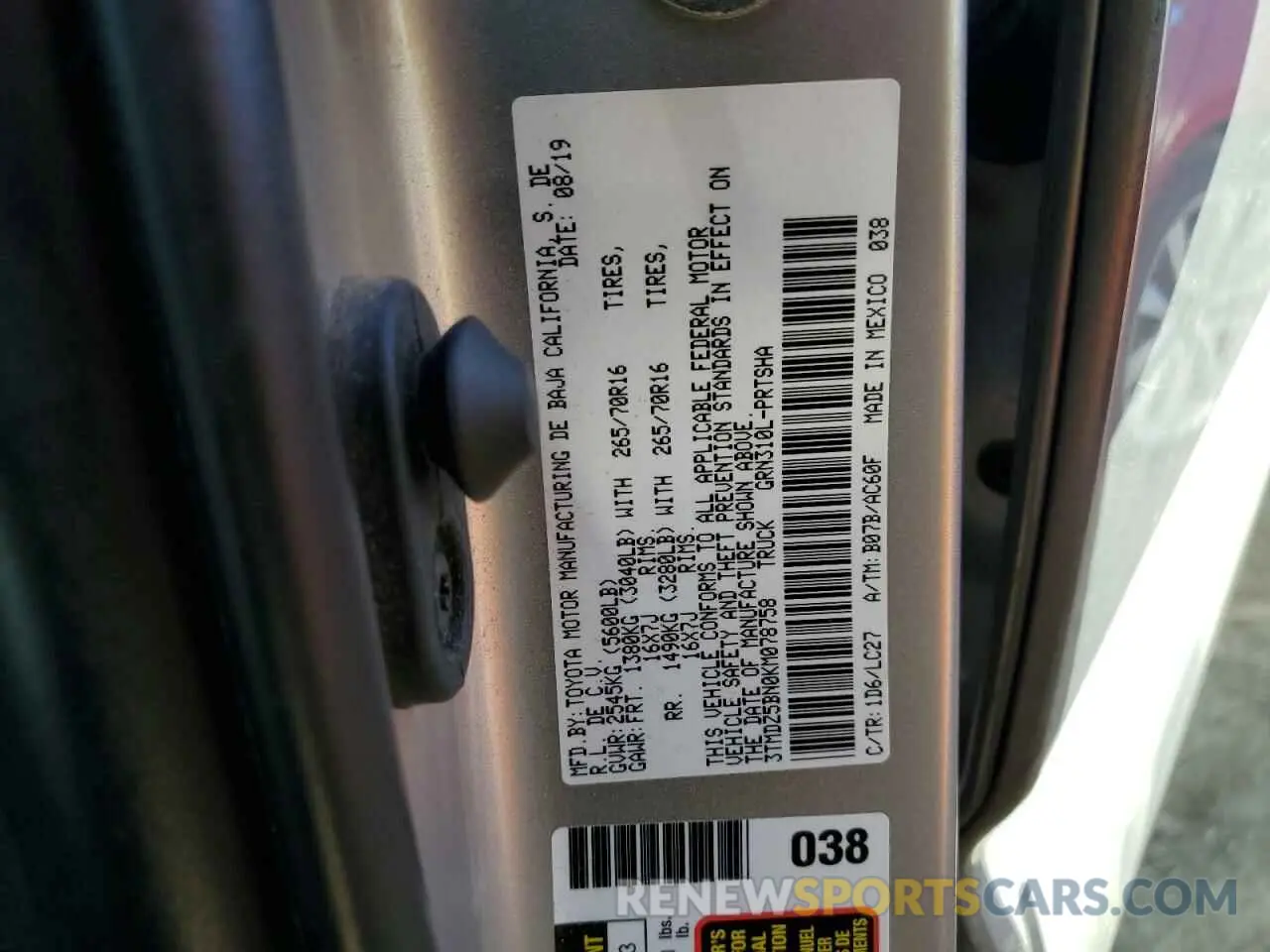 15 Photograph of a damaged car 3TMDZ5BN0KM078758 TOYOTA TACOMA 2019