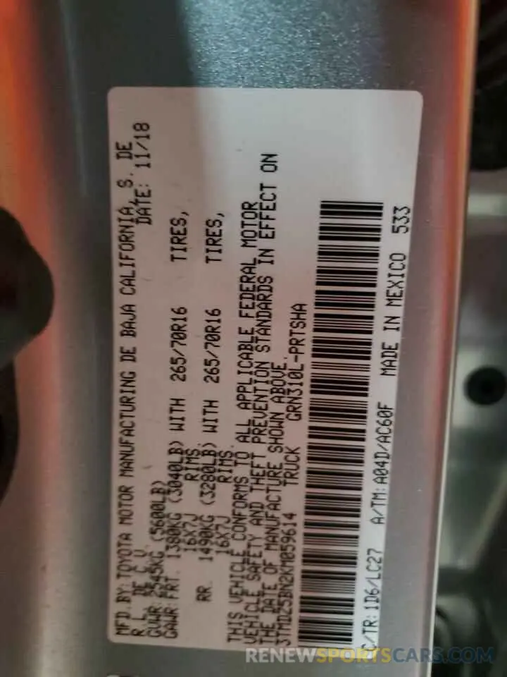 13 Photograph of a damaged car 3TMDZ5BN2KM059614 TOYOTA TACOMA 2019